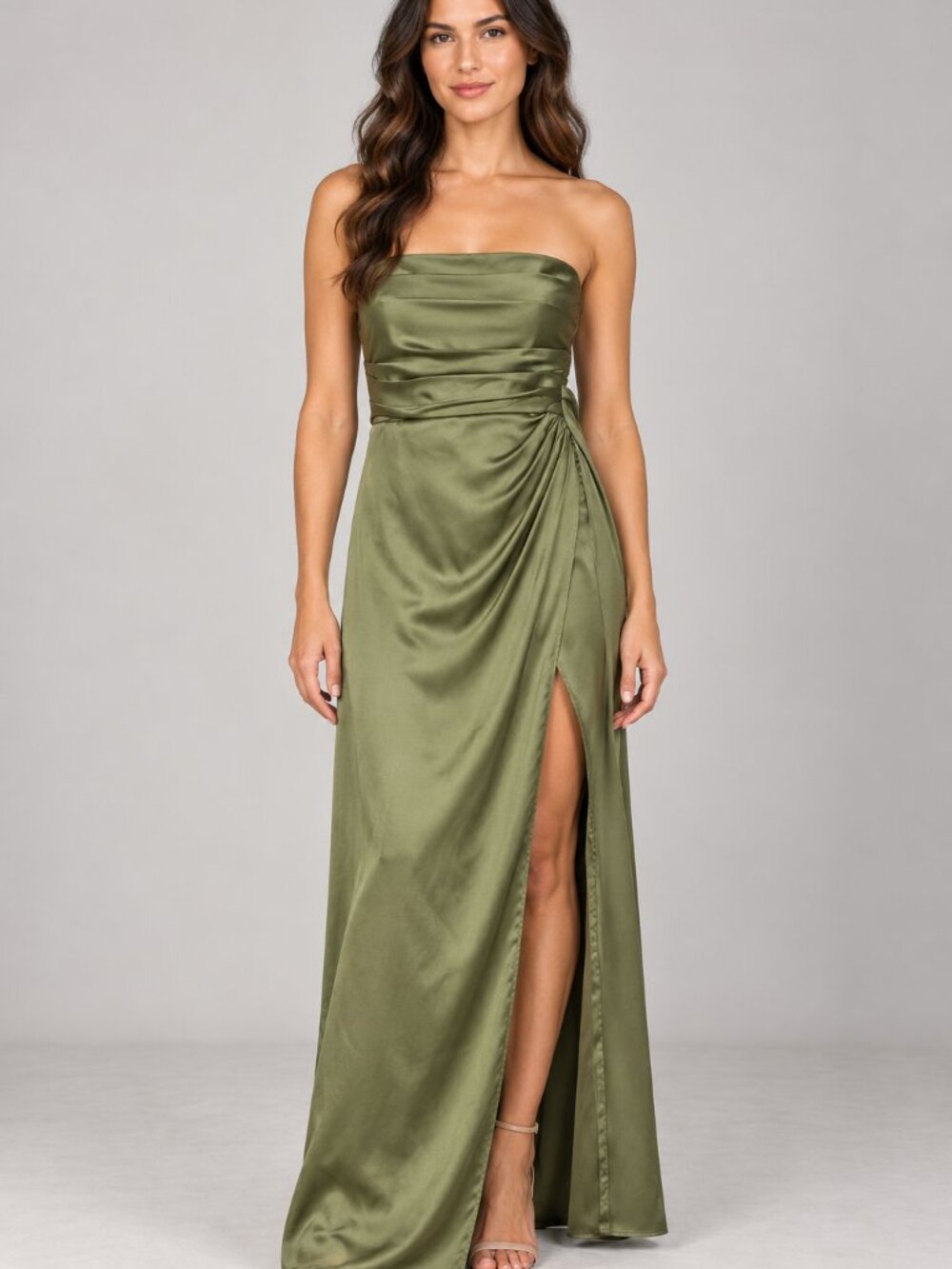 Petal & Pup L Olive Green Kara Strapless Satin Maxi Dress Ruched Slit Formal